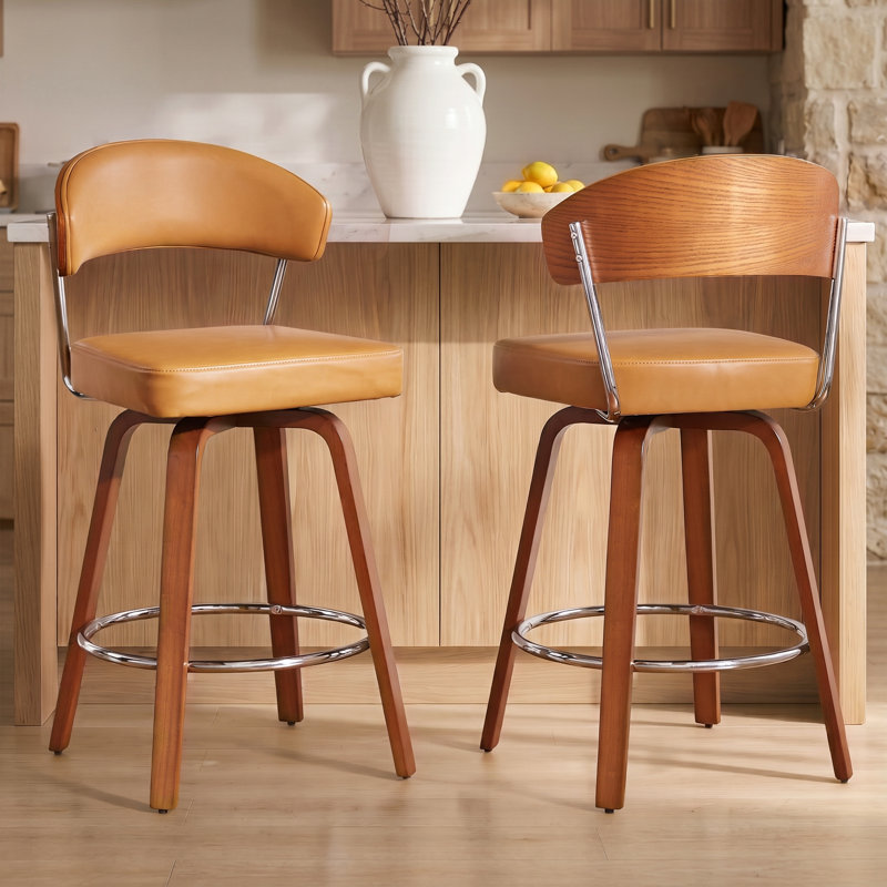 Ensemble de 2 tabourets de bar pivotants bruns de 26 po avec dossier et pieds en bois, tabourets de bar modernes en similicuir pour comptoir de cuisine