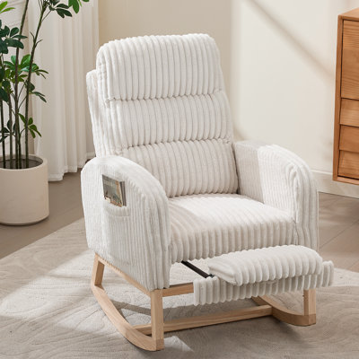 Chaise berçante rembourrée coulissante avec repose-pieds et poche pour accoudoirs, fauteuil de lecture à haut dossier, velours côtelé kaki
