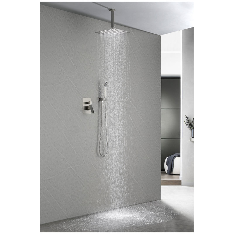Système de pomme de douche à pluie haute pression 12 po - Pomme de douche murale en acier inoxydable nickel brossé avec buses autonettoyantes