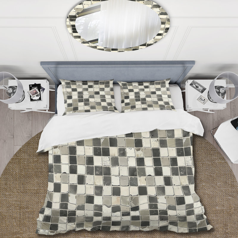 Ensemble de housse de couette beige gris Midcentury Mosaic II - Midcentury, Housse de couette pour grand lit + 2 taies décora