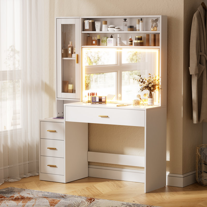 Bureau de coiffeuse avec miroir lumineux, station de charge, tiroirs