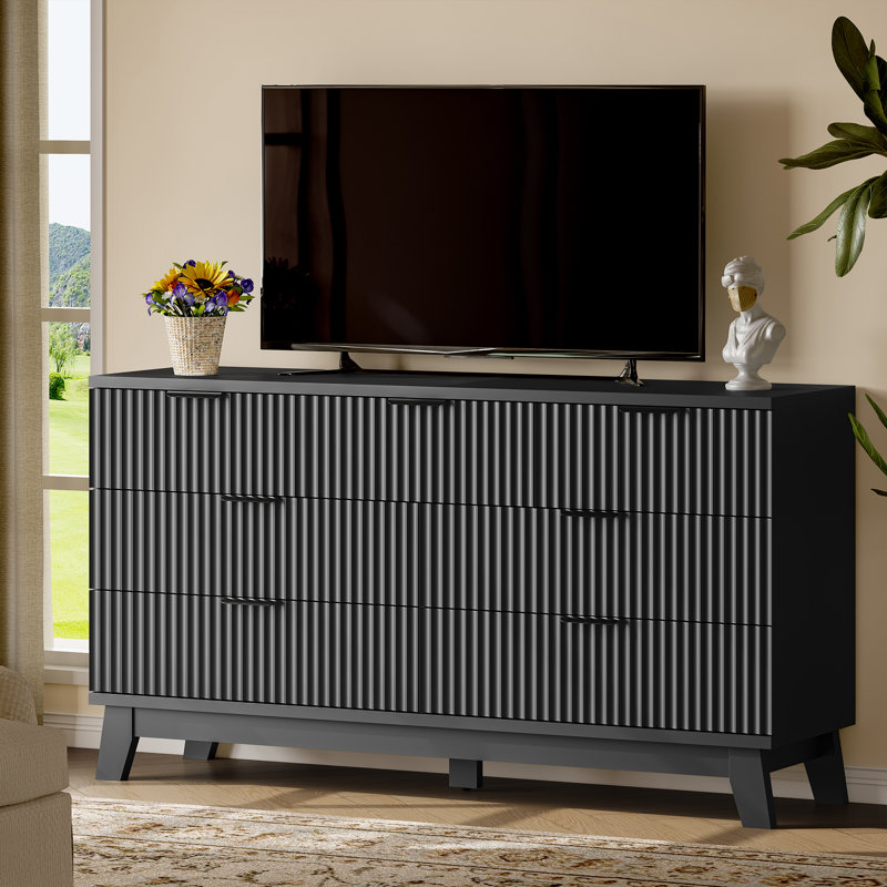 Commode cannelée à 57 tiroirs de 57 po de largeur, armoire de rangement très large Wave, commode à profil bas pour chambre à coucher, meuble télé pour salon