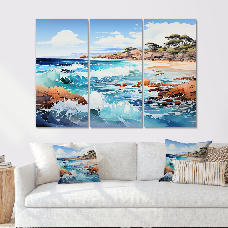 «Blue Beach Waves Fusion IV», ensemble d'art mural plage, H 28 po x l 36 po x P 1 po, Toile tendue
