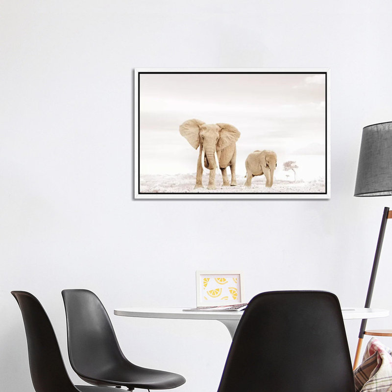 White Elephant Mom & Baby by Klaus Tiedge - Print on Canvas, White Framed, 101.6 cm H x 66.04 cm W
