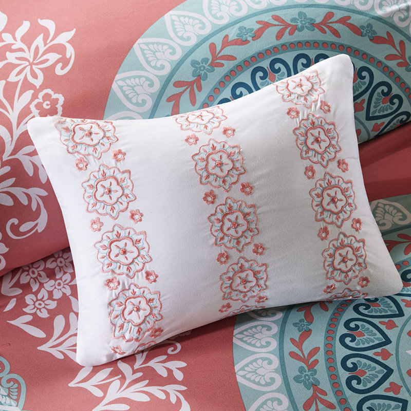 Grand lit avec draps - Motif médaillon corail, Grand édredon et 8 pièces supplémentaires, Corail