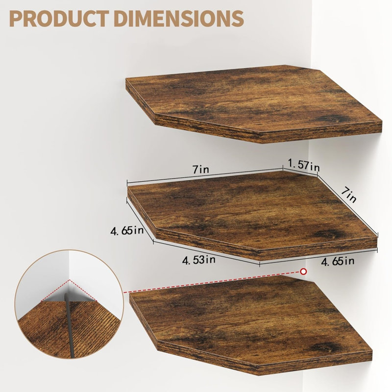 Tablettes d'angle flottantes en bois rustique, Brun