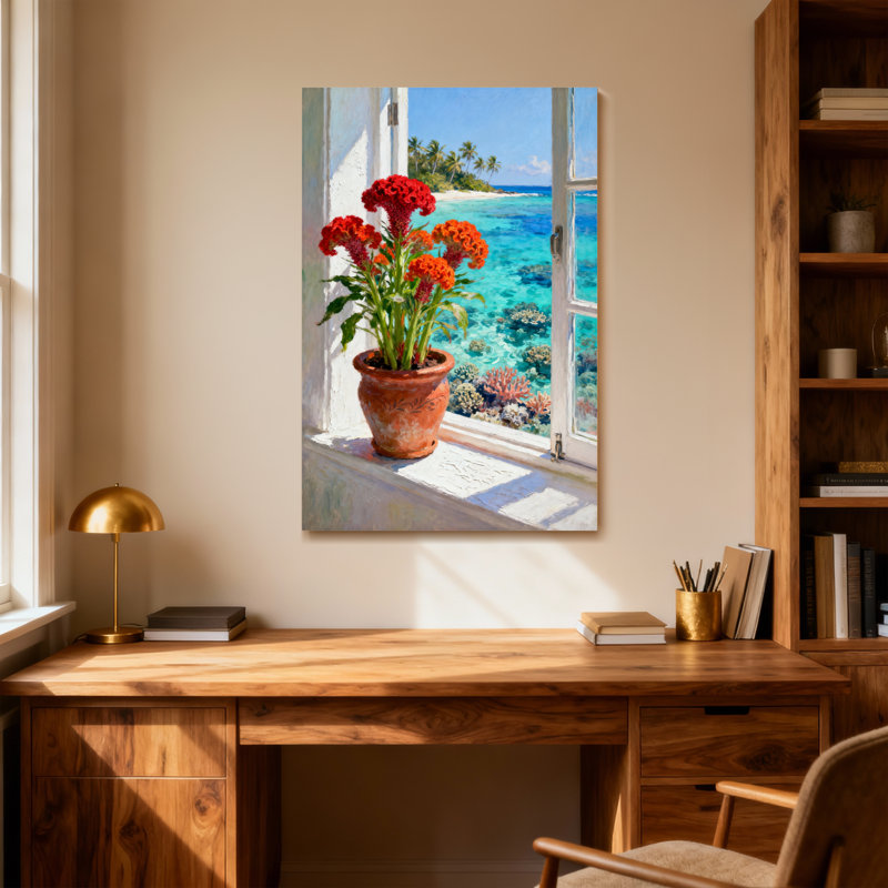 Plantes et fleurs avec vue sur la plage tropicale et fleurs rouges, H 20 po x l 30 po