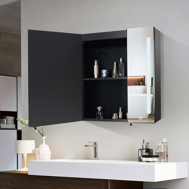 Surface de l'armoire à pharmacie 30x26 pouces avec miroir à DEL noir, désembueur, antibuée, luminosité à intensité variable