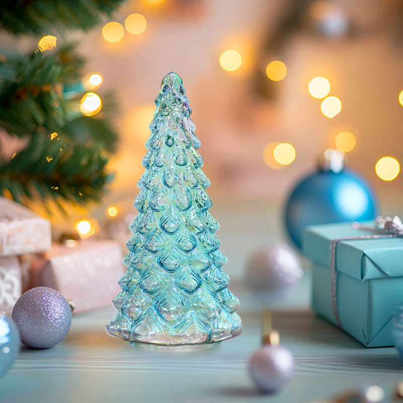 Arbre de Noël en verre coloré - Décoration de Noël de table avec minuterie pour la présentation de Noël, Bleu