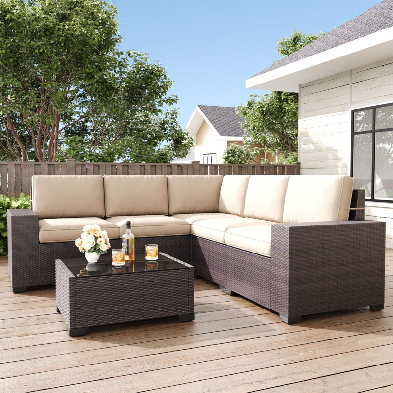 6 Pieces Patio Furniture Set, Modular Sectional Outdoor Conversation Sofa Set, Beige, Brown