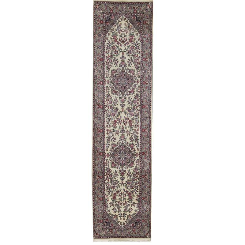 Tapis de couloir ivoire, gris et rose noué à la main de haute qualité