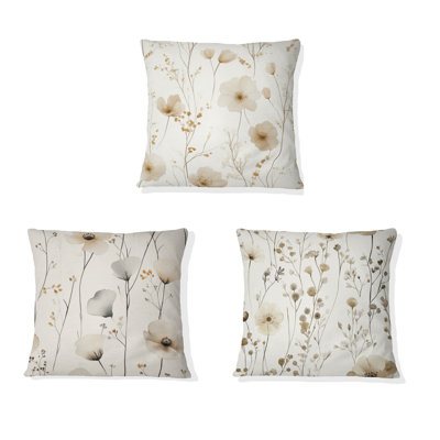 Floral Decorative Cushion Set of 3 - Cream Wildflowers Country Farmhouse Printed Throw Pillow