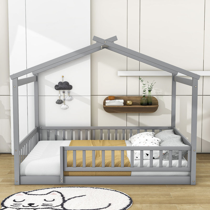 Vonie Wood Daybed with Roof and Slats, Gray, Full/Double