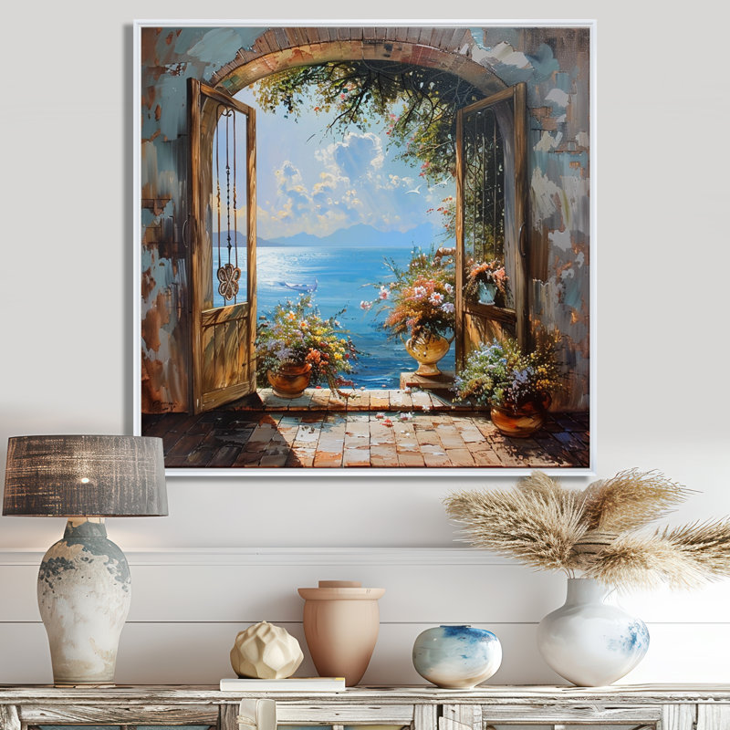 Fenêtre française vue sur l'horizon bleu méditerranéen - fenêtres encadrées côtières, H 16 po x l 16 po x P 1 po