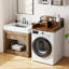 Comptoir de laveuse-sécheuse à 2 niveaux avec tablette et 2 tiroirs, garde-corps, range-linge pliant et rangement-123949339