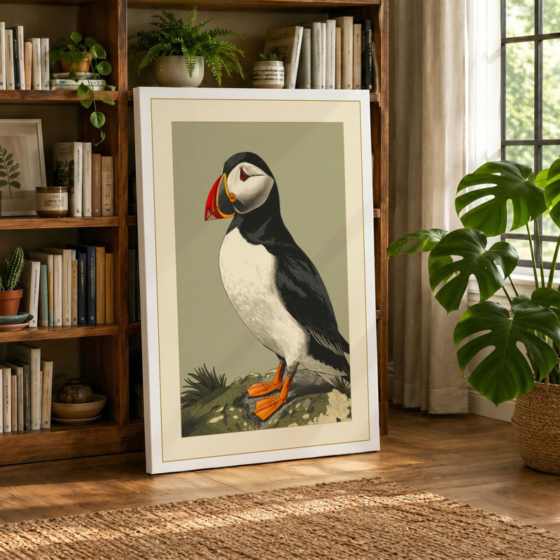 Puffin Study Botanical - Wrapped Canvas, 24x16 - 61.0 x 40.6 cm, Terracotta Border
