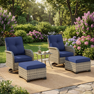 5-Piece Outdoor Swivel Glider Chair Set With Cushions, Ottomans And Side Table