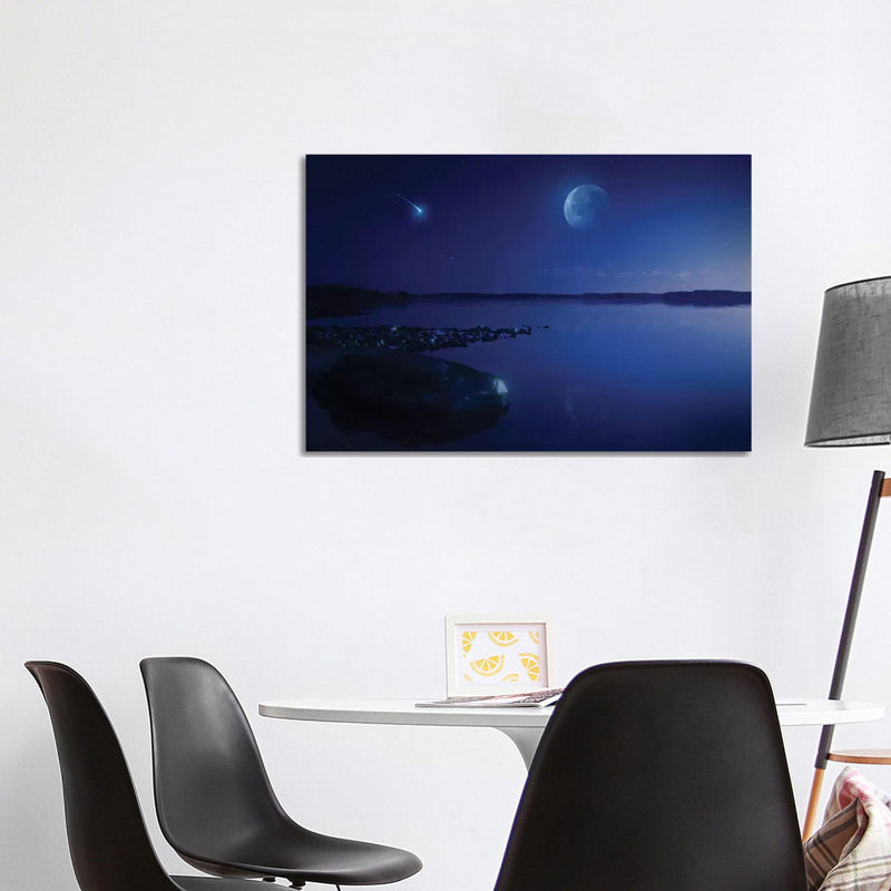 Tranquil Lake Against Starry Sky, Moon And Falling Meteorite, Finland I by Evgeny Kuklev - Wrapped Canvas Print