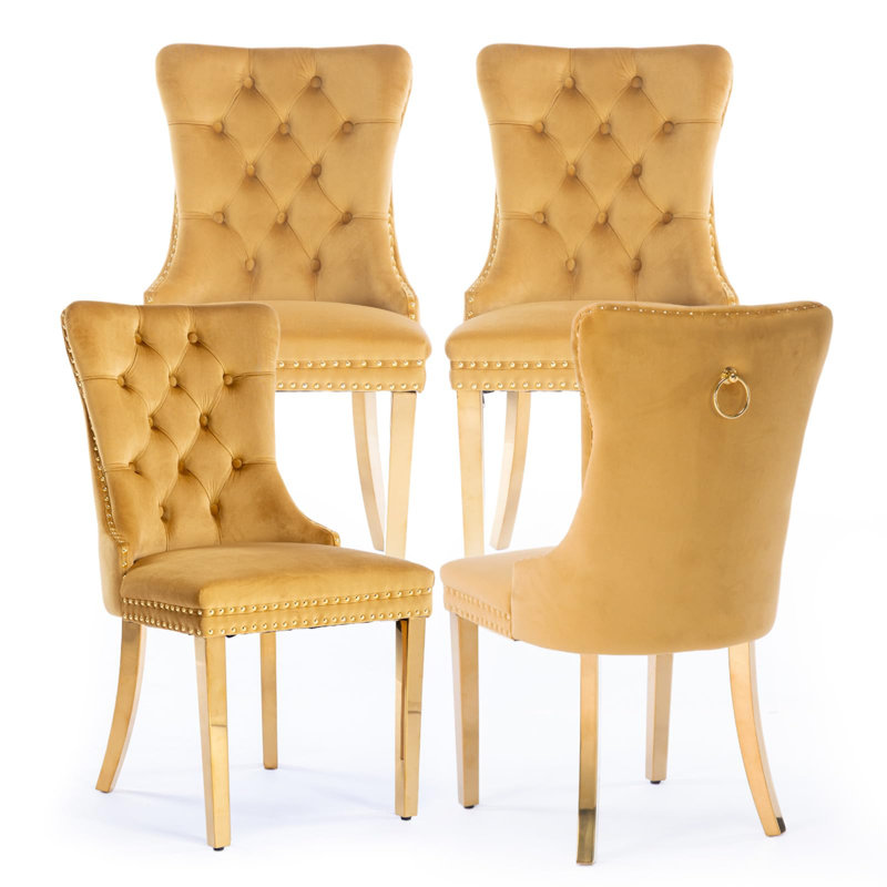 High-end Tufted Wool Linen Upholstered Nailhead Dining Chair, 4, Golden, Gray