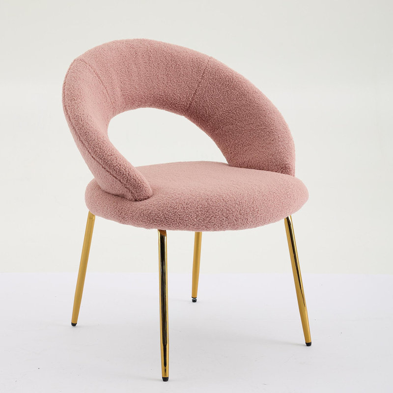 Ensemble de 1 chaises de salle à manger en tissu Teddy avec dossier incurvé et pieds en métal doré pour la cuisine ou la salle à manger, rose
