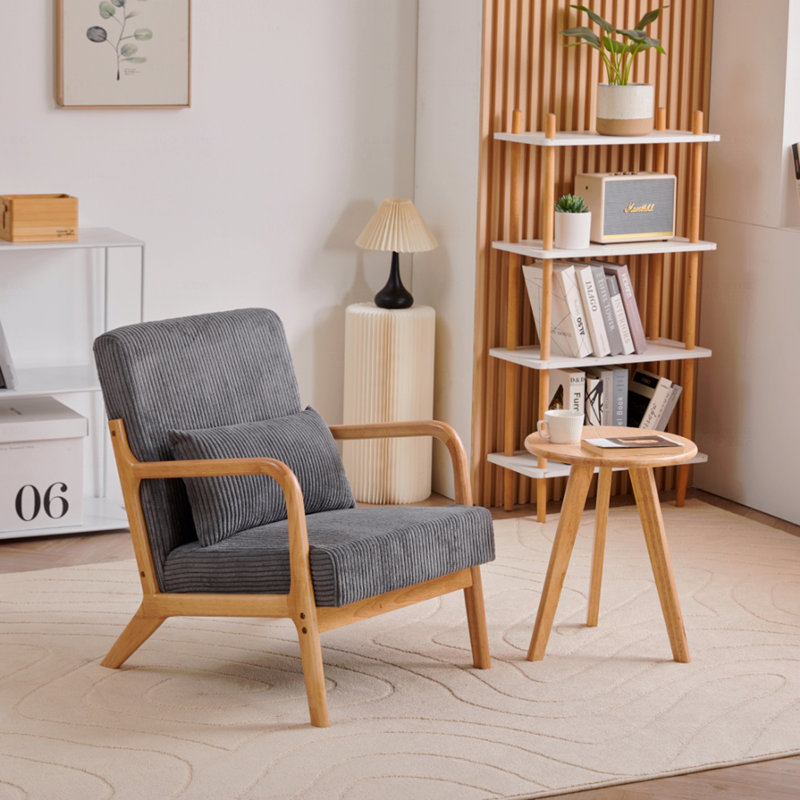 Chaise d'appoint Mid-Century moderne en bois d'hévéa durable, Gris foncé antique, Naturel