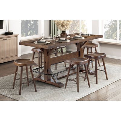 Ensemble de table de salle à manger à hauteur de comptoir brun 7 pièces avec repose-pieds en métal et 6 tabourets