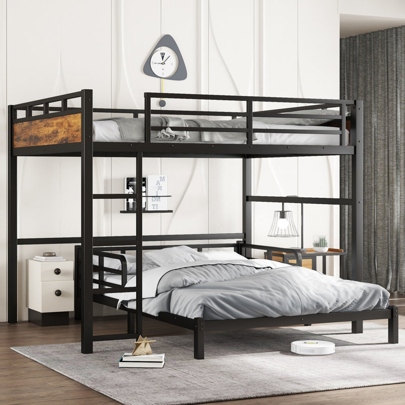 Metal Queen Over Queen Bunk Bed with Loft Conversion - Separable Into Loft and Single Bed, Raised Rail Guard, Vintage