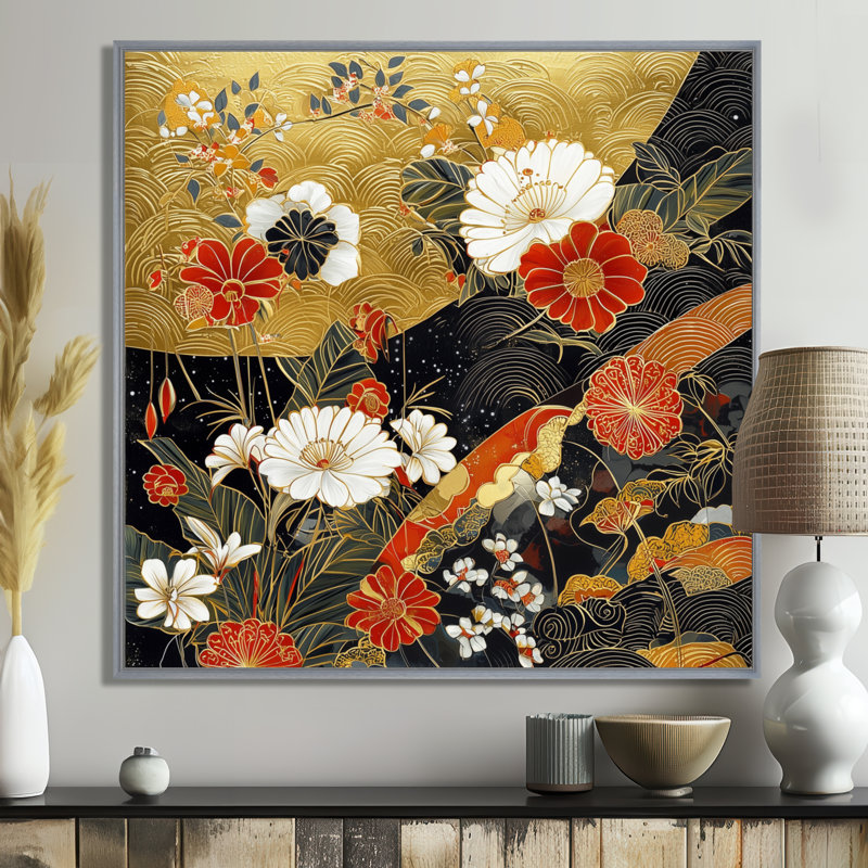 Charmant paysage d'art japonais II - art mural asiatique, 16" H x 16" W, Floater Framed Print without Mat, Silver