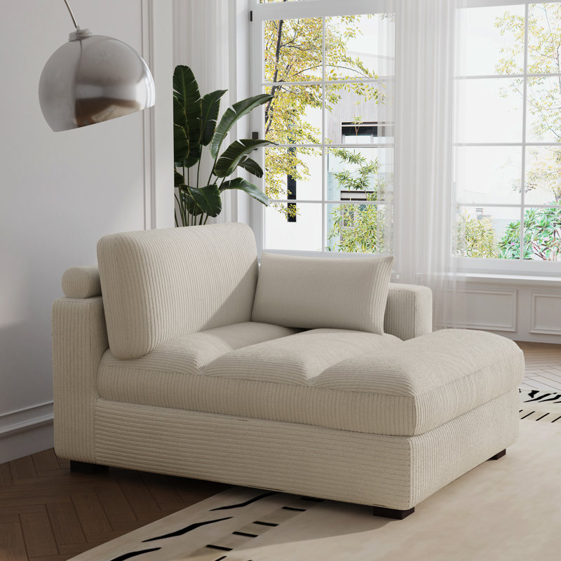 Bentura Oversized Upholstered Beige Corduroy Chaise Lounge with Armrests & Throw Pillows, Beige Corduroy, Right Hand Facing