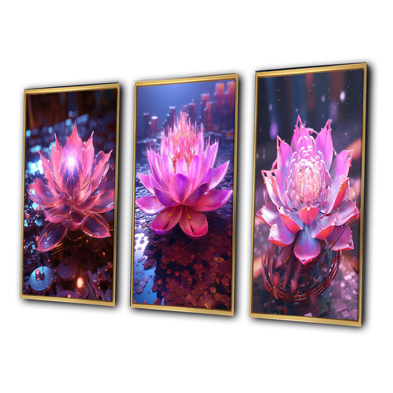 «Radiant Pink Blossoming Lotus Luminescent», 3 pièces sur toile, H 28 po x l 36 po, Cadre flottant doré