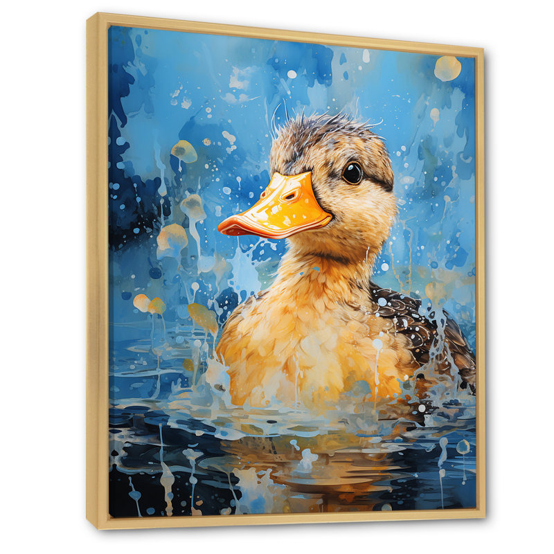 Splashing Duckling Wonder - Art mural animal canard, Cadre flottant brun, H 32 po x l 24 po x P 1 po