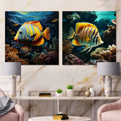 «Yellow Butterfly Fish Coral Serenade I», ensemble de 2 reproductions d'art sur toile
