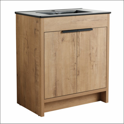 Armoire de salle de bain autoportante avec lavabo et 2 portes d'armoire à fermeture en douceur