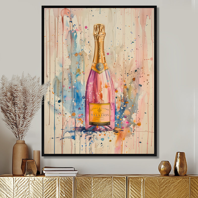 Elegant Champagne Showers II - Champagne, reproduction d'art murale, Cadre flottant blanc, H 32 po x l 24 po