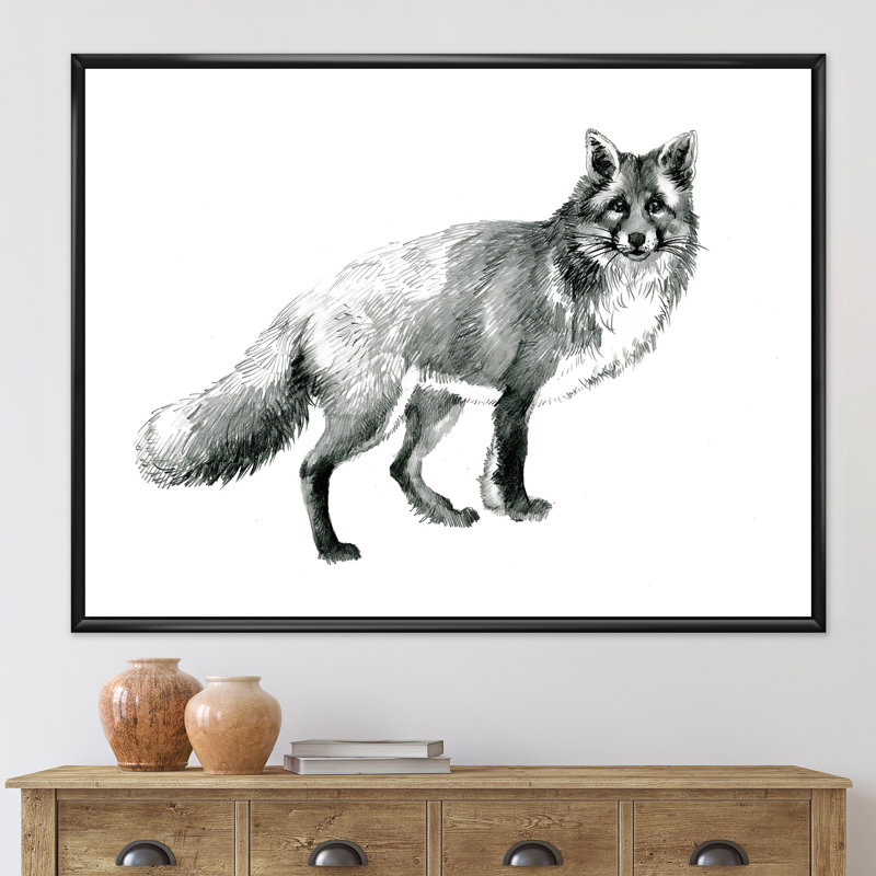 Portrait d'un renard monochrome - reproduction sur toile, H 12 po x l 20 po x p 1 po, Toile avec cadre noir
