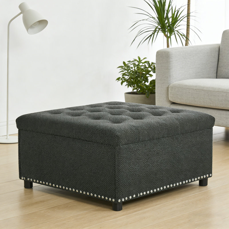 Tufted Square Storage Ottoman With Nailhead Trim, Dark Grey Upholstered Footstool For Living Room & Bedroom, Small Space Home Decor
