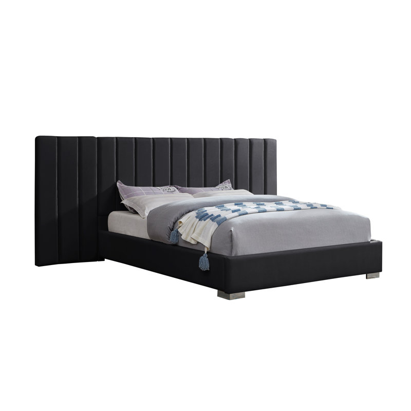 Lit plateforme en velours de luxe avec tête de lit capitonnée Channel, Grand, Noir