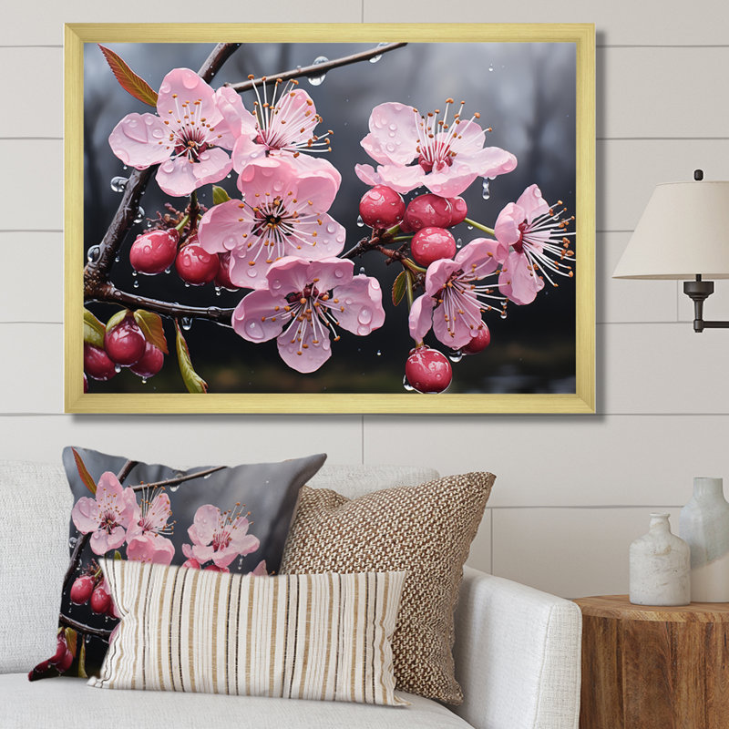 Fleur de cerisier rose, joyau de jardin I - art mural cerisier en fleurs, Cadre doré à coins fermés