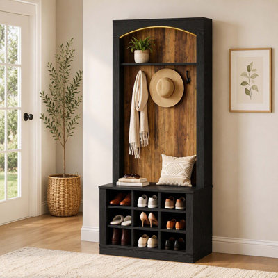 Porte-manteau de style ferme de 180 cm de hauteur, organisateur d'entrée 4 en 1 avec banc et rangement à chaussures