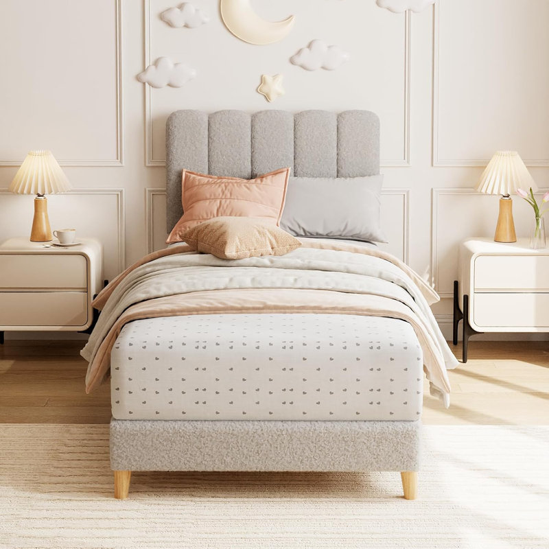 Twin XL Bed Frame, Boucle Upholstered Platform Bed with Wave Headboard for Kids, Easy Assembly, Wooden Slats Support, No Box Spring Needed