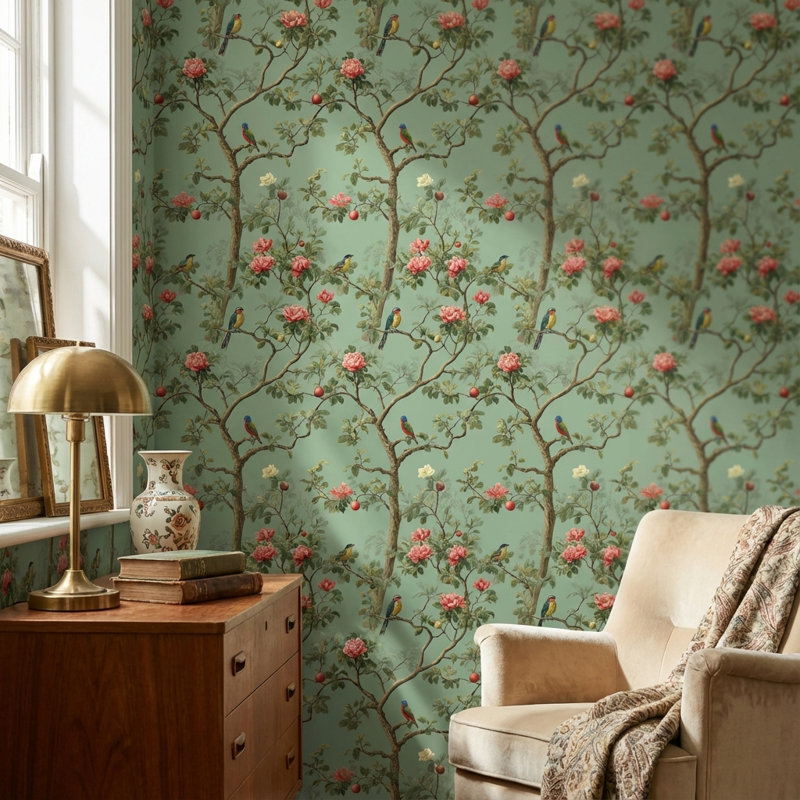 Papier peint floral avec oiseaux