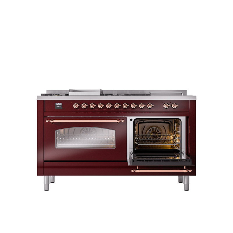 ILVE Nostalgie II Series 60 inch Dual Fuel Range with 5 Sealed Burners, Griddle, Frenchtop (Glass Door), Burgundy/Copper