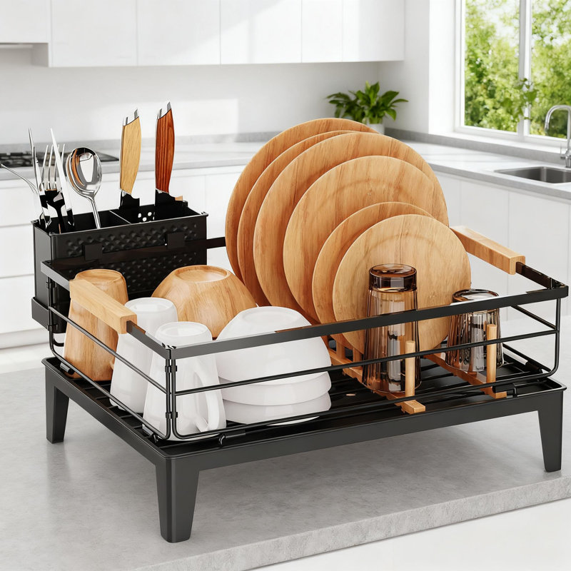 Automatic Drain Dish Drying Rack With Drainboard, Rustproof Kitchen Counter Organizer With Utensil Holder & 360° Rotatable Drainer