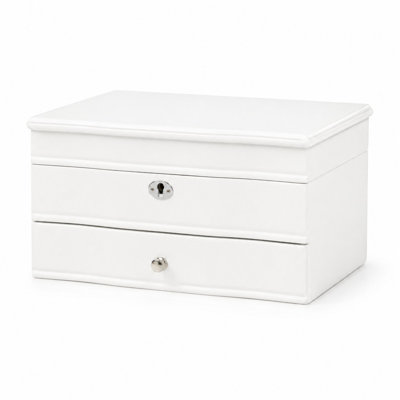Organisateur de boîte à bijoux blanc avec miroir intégré, serrure, rouleaux d'anneaux, compartiments divisés et tiroir spacieux
