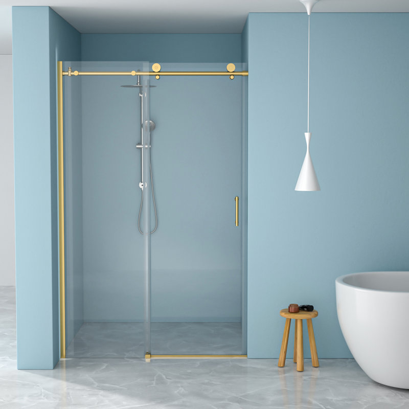 Porte de salle de bain coulissante simple 48,8 po, verre trempé 8 mm, structure dorée, rouille l 48 po x H 76 po avec porte réversible en acier inoxydable 304 gauche