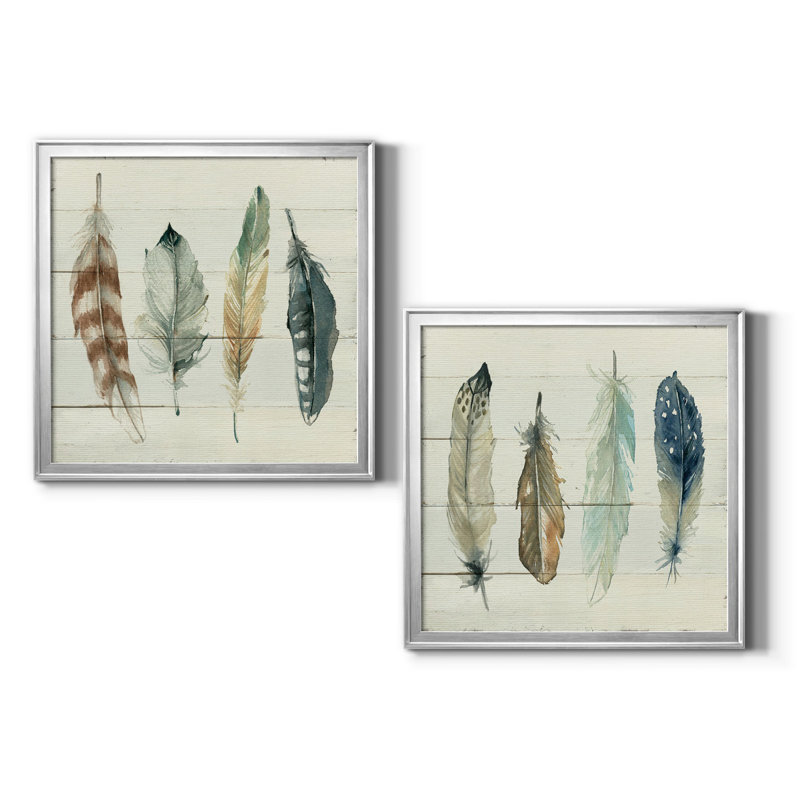 Shiplap Feathers I - Ensemble de 2 reproductions d'art, H 26,5 po x l 53 po x P 1,5 po, Toile encadrée argentée, Pas de tapis