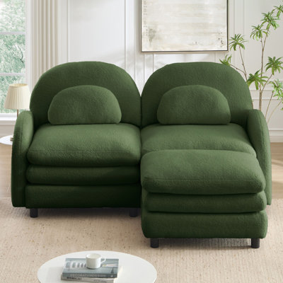 68.5" x 55.5" 2-Seater Sectional Couch, Teddy Fabric Cloud Loveseat with Movable Ottoman & Lumbar Pillows, Green