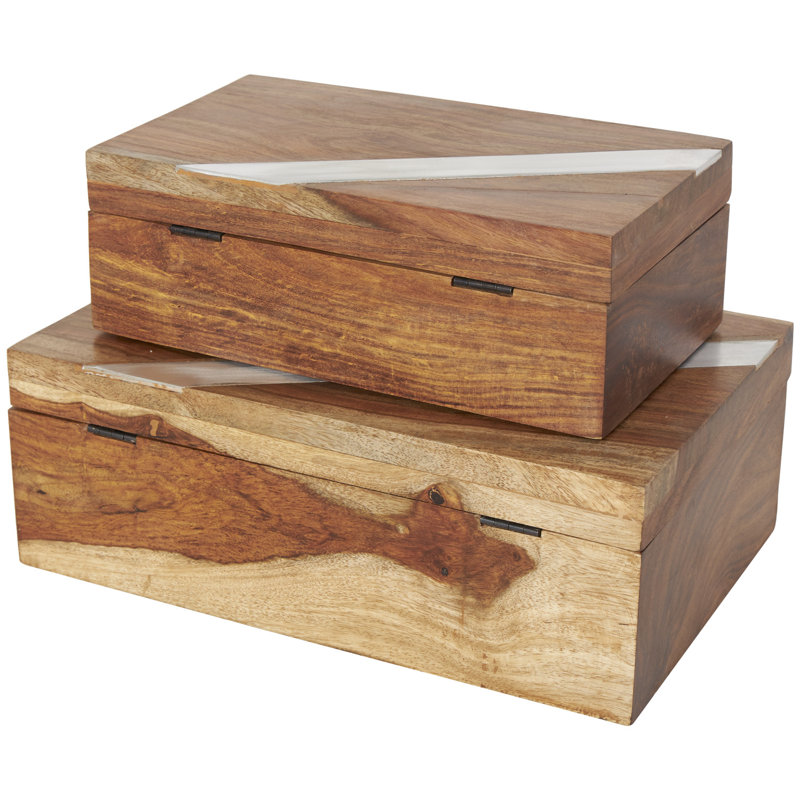 Mango Wood Decorative Brown Box with Silver Diagonal Stripes Set