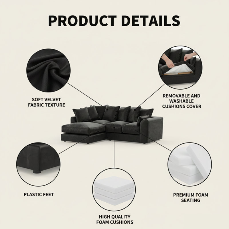 4 Seater Velvet Sofa & Chaise, Black, Left