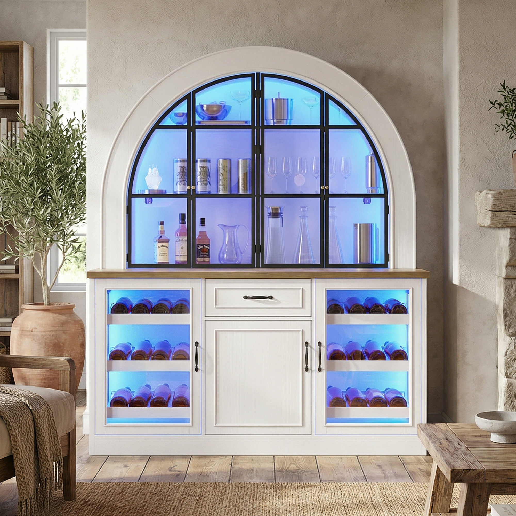 Ebern Designs Large Glass Wine Bar Cabinet With LED Lights – 7-Door ...